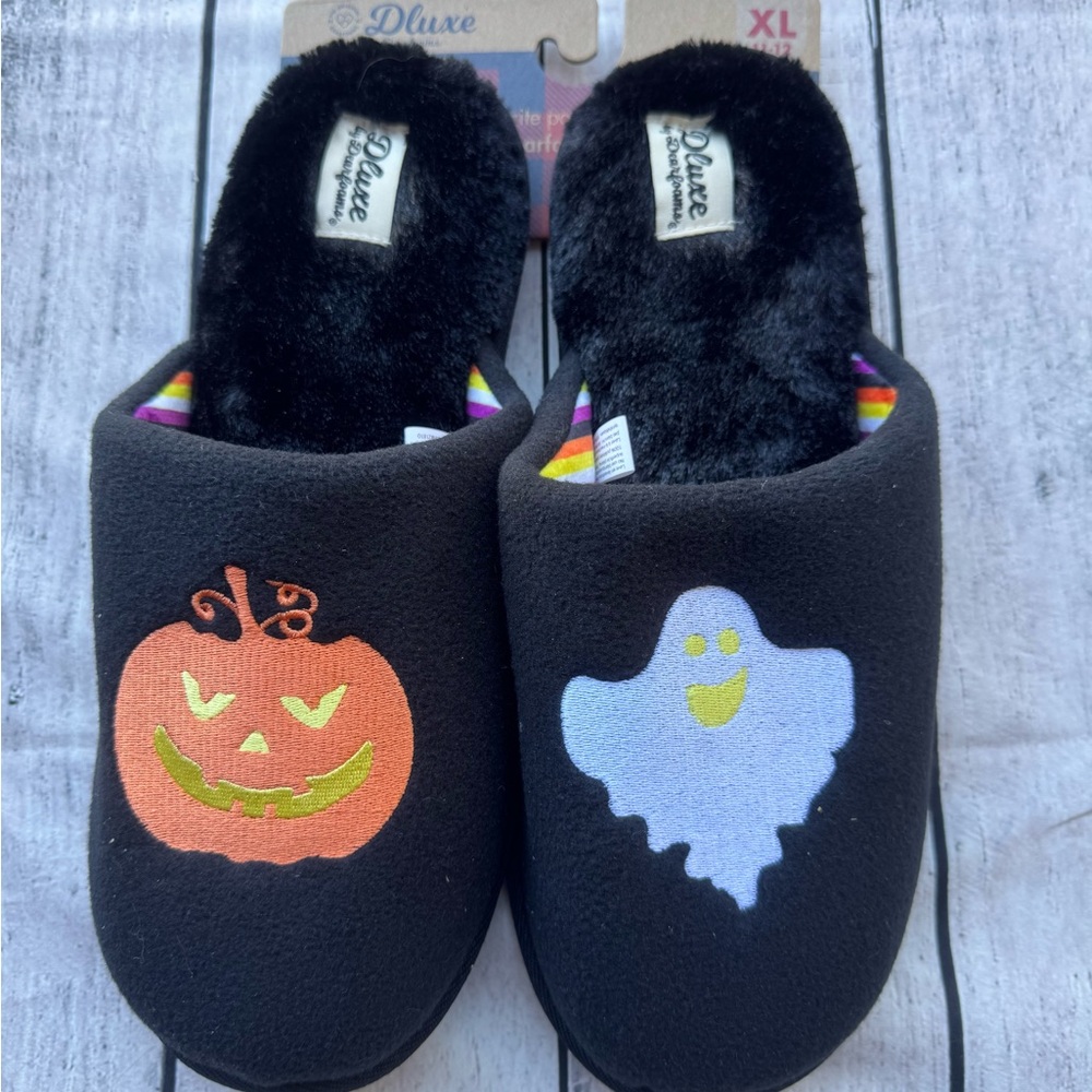 Halloween Dluxe Dearfoam Slippers Ghost Pumpkin Black Faux Fur XL 11-12 NEW